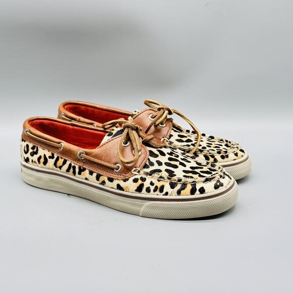 Sperry Shoes Women 7.5 Brown Leather Calf Hair Top Sider Leopard Print Boat Deck - Picture 2 of 13